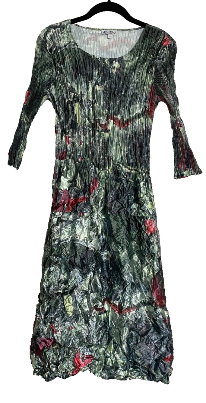 ALQUEMA Smash Pocket Dress Crinkled Handmade Lagenlook Green Print sz 0 2 4 6 S